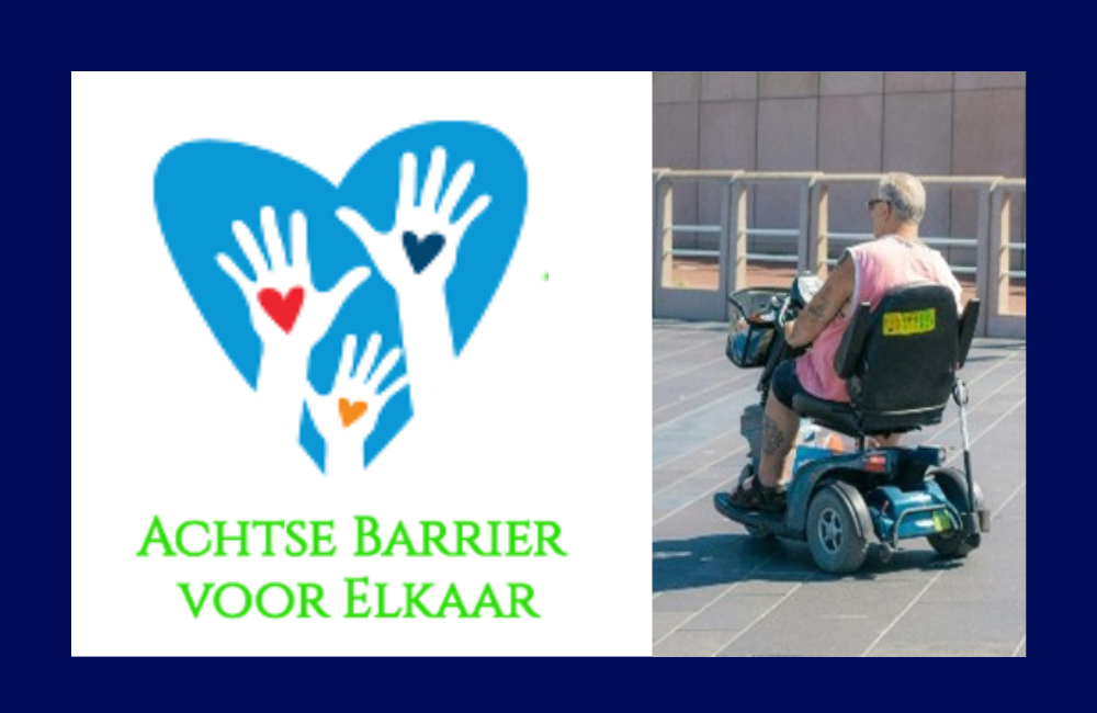 Logo achtste barrier voor elkaar en foto van persoon in scootmobiell