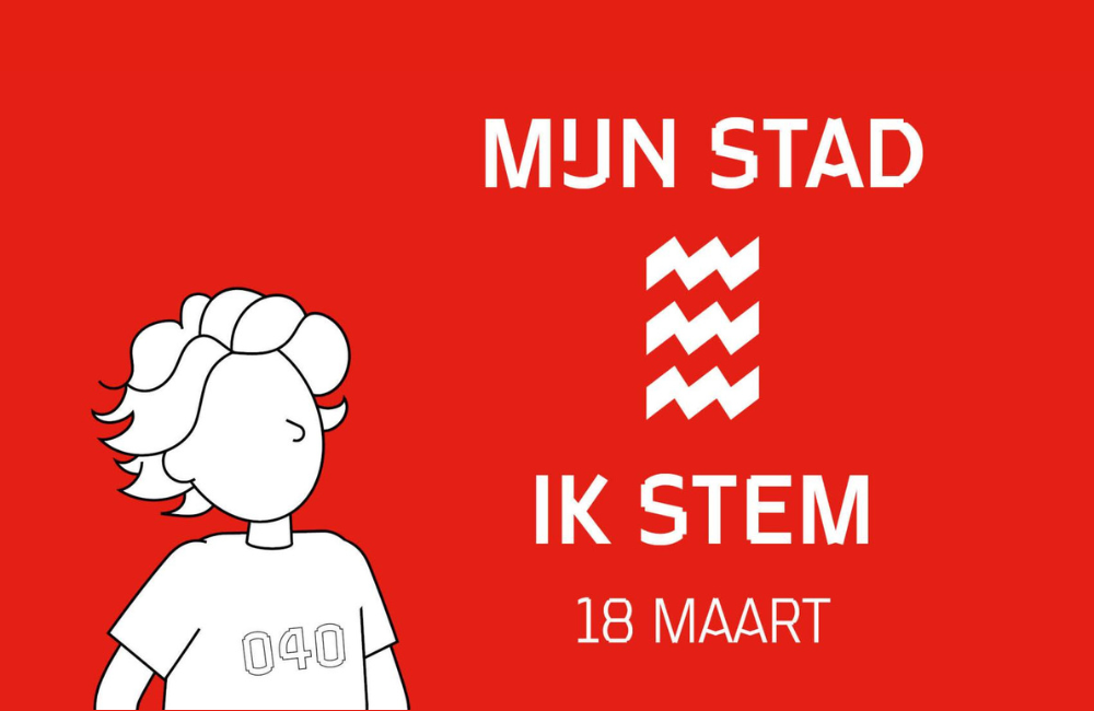 Illustratie op rode achtergrond met een wit figuur links en de tekst: “Mijn stad, ik stem, 18 maart”.