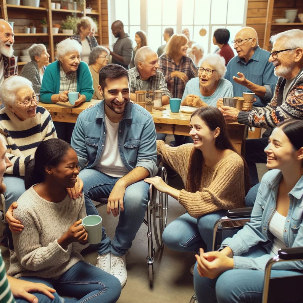 DALLE 2023 10 31 18.41.02 Photo A candid moment in a community center where individuals of different backgrounds ages and abilities are interacting. Some are sharing stor